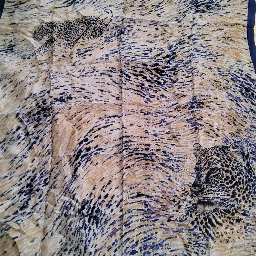 Oscar De La Renta Vintage Leopard Print Scarf in Blue and Tan
